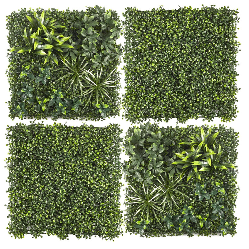 Lot de 4 Plaques Végétales Artificielles Panachées 50 x 50 cm - Mur végétal 1m²