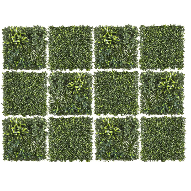 Lot de 12 Plaques Végétales Artificielles Panachées 50 x 50 cm - Mur végétal 3m²