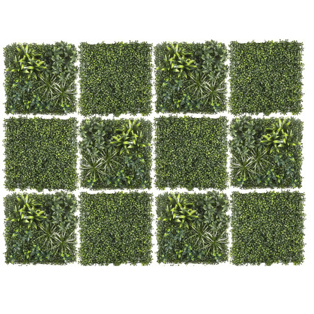 Lot de 12 Plaques Végétales Artificielles Panachées 50 x 50 cm - Mur végétal 3m²
