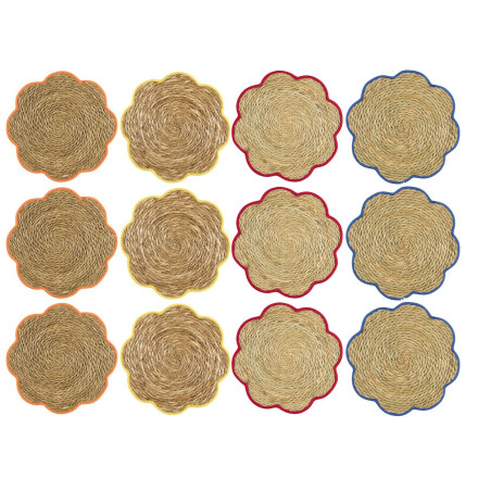 Lot de 12 Sets de Table Tressés en fibre naturelle - Fleur 36 cm - Couleurs estivales
