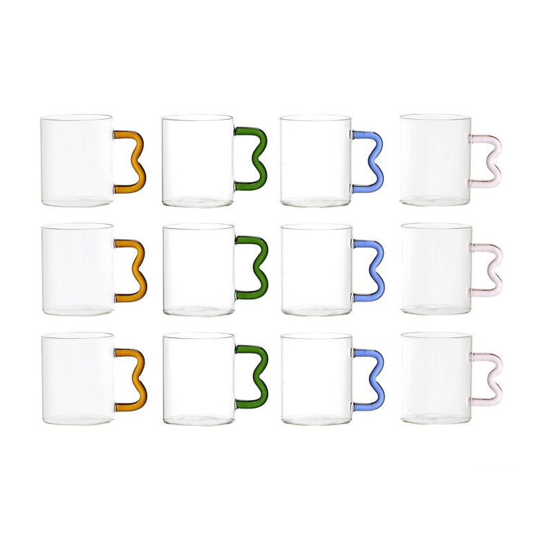 Lot de 12 Mugs en Verre 35 cl Anse Zig Zag Colorée Design Moderne