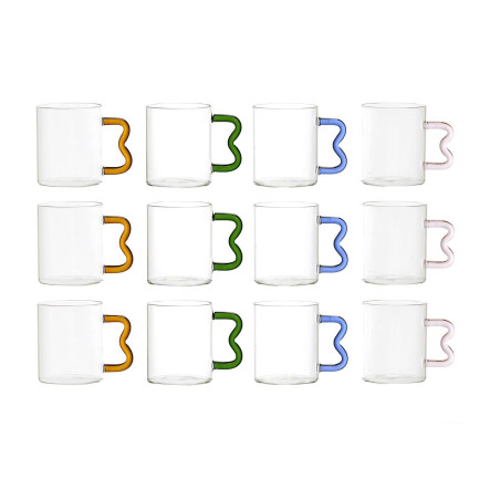 Lot de 12 Mugs en Verre 35 cl Anse Zig Zag Colorée Design Moderne