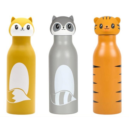 Lot de 3 Gourdes Isothermes Inox 40 cl Motif Animaux - Étanches - Chaud 6h Froid 18h