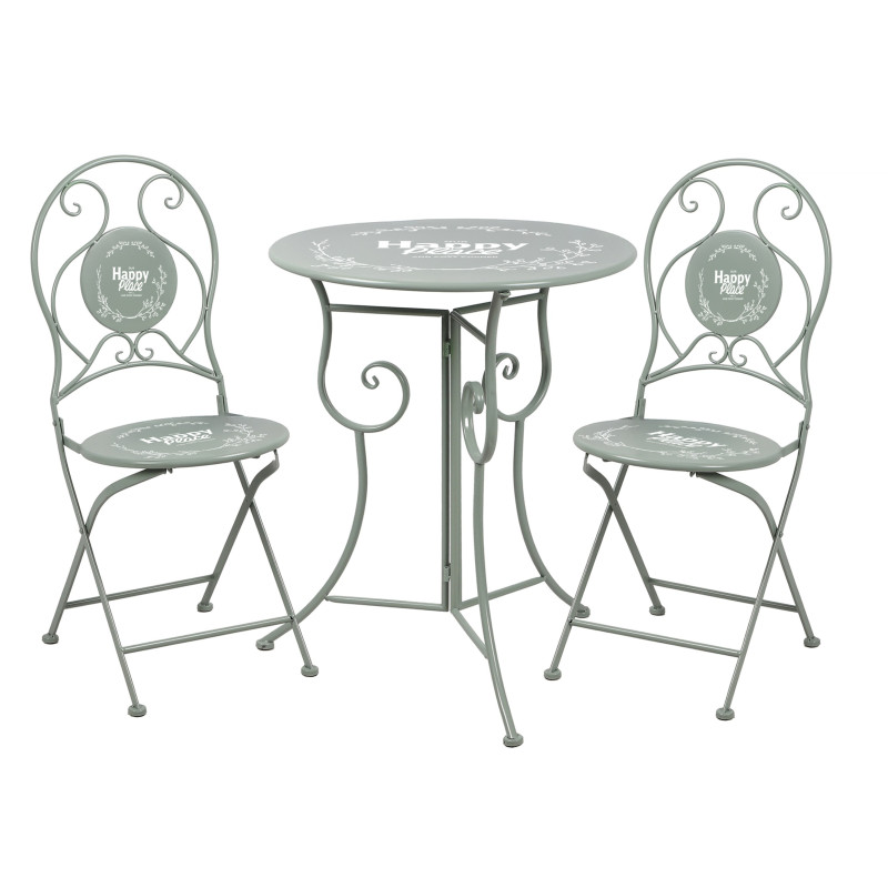 Lot 3 pièces ensemble jardin pliant table ronde Ø60 cm + 2 chaises métal décor vert