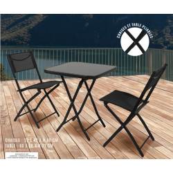 Lot 3 pièces ensemble jardin pliant table carrée 60 cm + 2 chaises métal noir