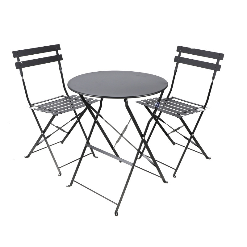 Lot 3 pièces ensemble jardin pliant table ronde Ø60 cm + 2 chaises métal noir