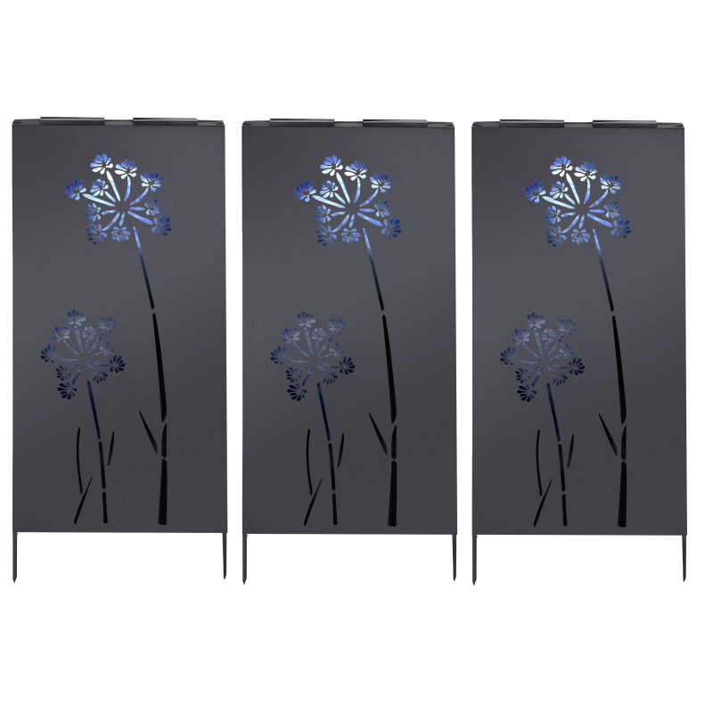 Lot de 3 Panneaux Occultants à Planter en Métal - Eclairage d'ambiance Blanc Froid Solaire Motif Floral - 50 x H 118 cm