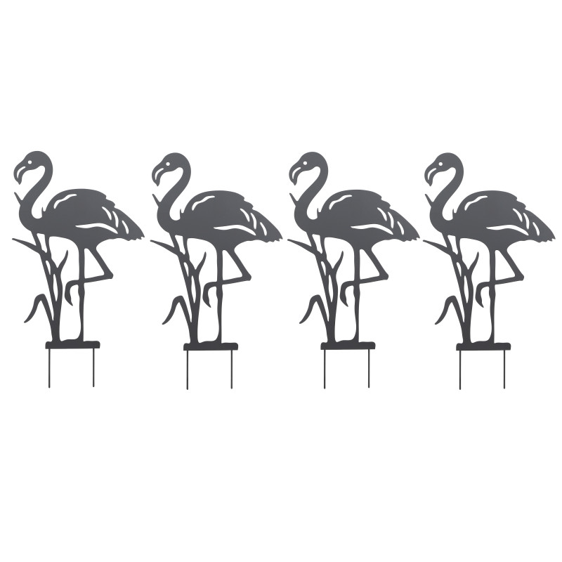 Lot de 4 Décorations de Jardin Flamant Rose en Métal Noir à Planter 37 x 66 cm