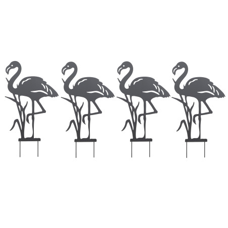 Lot de 4 Décorations de Jardin Flamant Rose en Métal Noir à Planter 37 x 66 cm