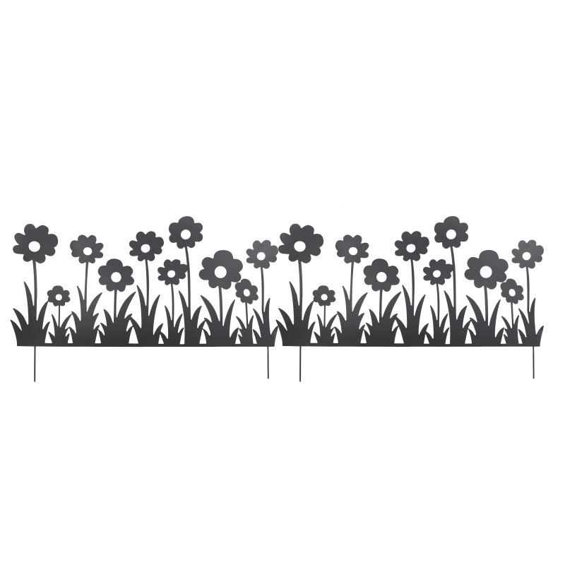Lot de 2 Bordures Décoratives de Jardin en Métal Noir à Planter 111 x H 65 cm - Motif Fleurs