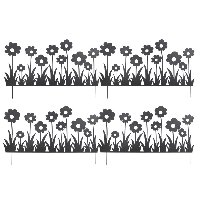 Lot de 4 Bordures Décoratives de Jardin en Métal Noir à Planter 111 x H 65 cm - Motif Fleurs