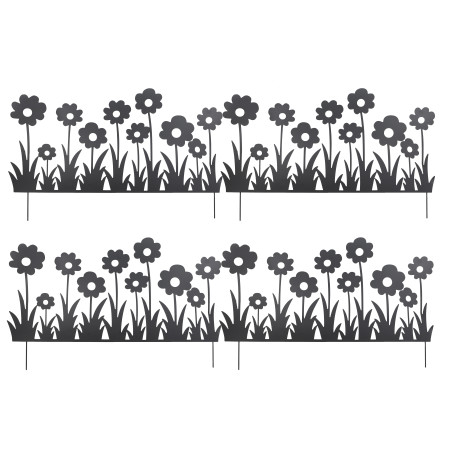 Lot de 4 Bordures Décoratives de Jardin en Métal Noir à Planter 111 x H 65 cm - Motif Fleurs