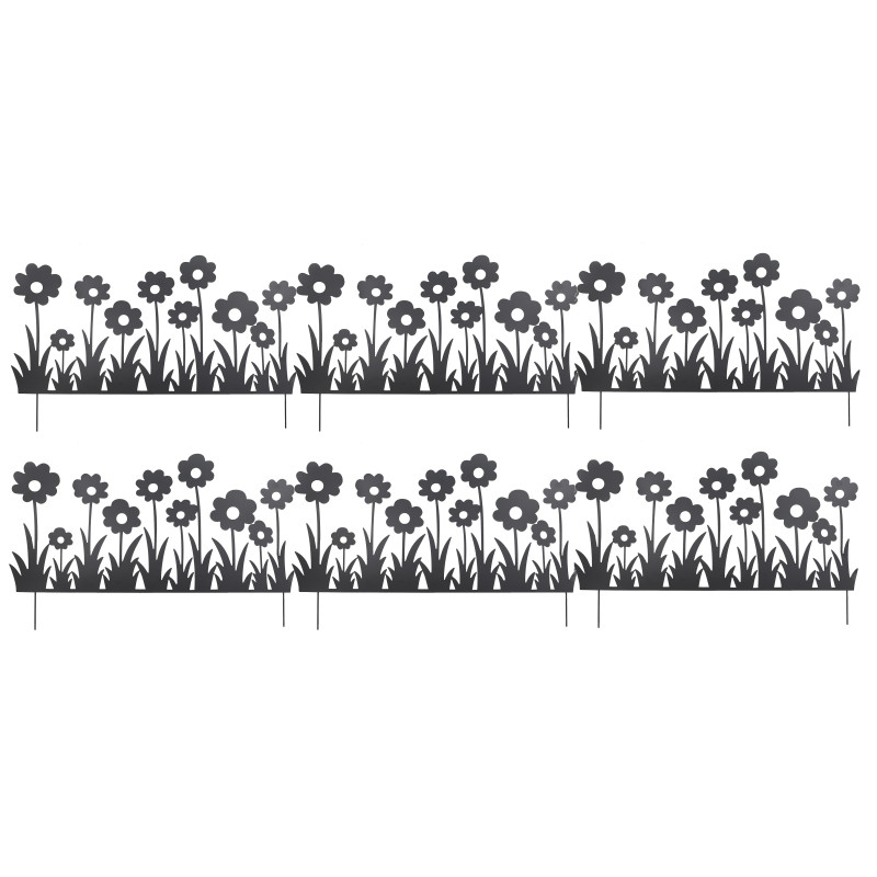 Lot de 6 Bordures Décoratives de Jardin en Métal Noir à Planter 111 x H 65 cm - Motif Fleurs