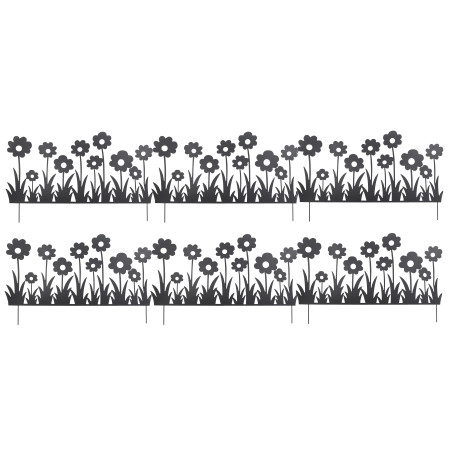 Lot de 6 Bordures Décoratives de Jardin en Métal Noir à Planter 111 x H 65 cm - Motif Fleurs