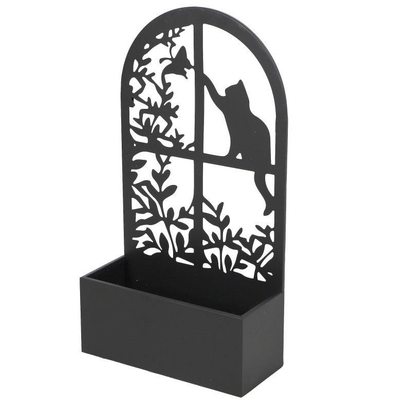 Cache-Pot Jardinière Murale ou Posée - Métal Noir Motif Chat Fenêtre Décoratif - 35 x 15 x H 65 cm