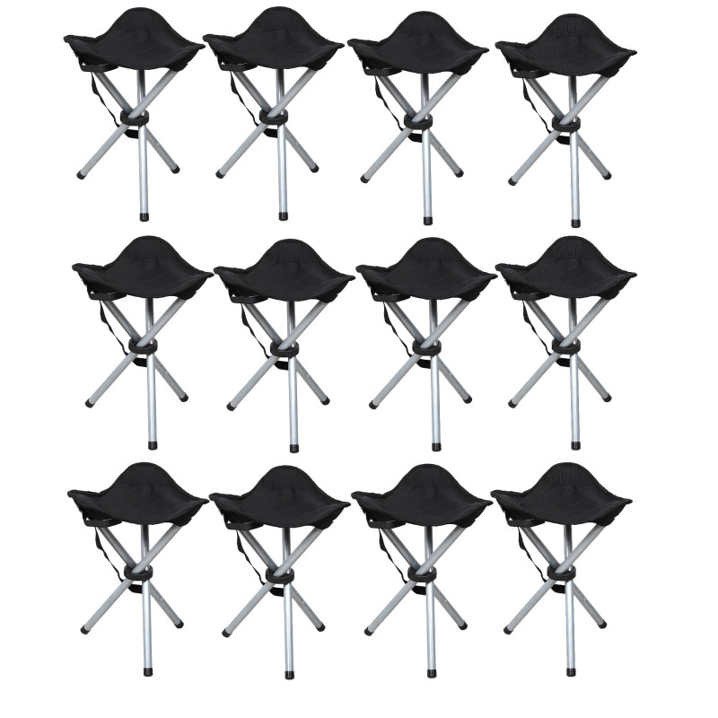 Lot de 12 Tabourets Trépied Pliants Aluminium - Noir