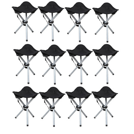 Lot de 12 Tabourets Trépied Pliants Aluminium - Noir