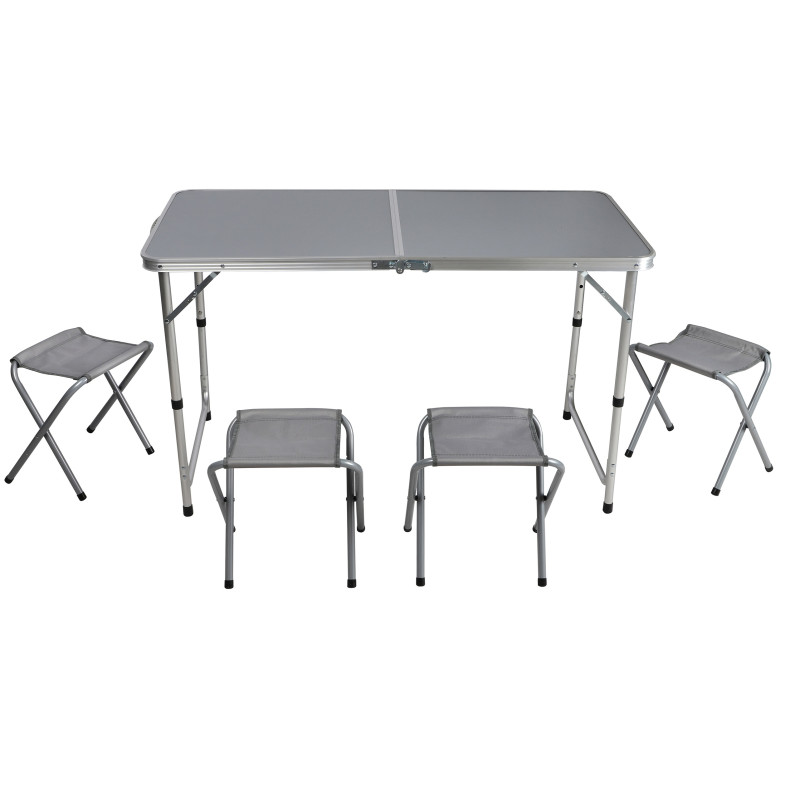 Table pliante 120cm Camping + 4 Tabourets Aluminium - Ensemble Compact Transportable Gris