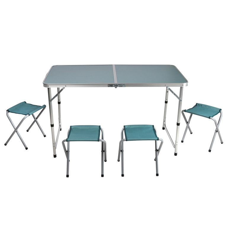 Table pliante 120cm Camping + 4 Tabourets Aluminium - Ensemble Compact Transportable Bleu