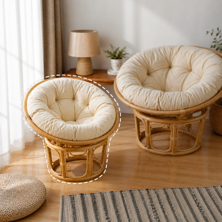Petit Fauteuil Papasan en Rotin Beige - Mini Chaise Papasan - Coussin Blanc cassé - D 80 cm x H 80 cm