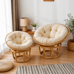 Petit Fauteuil Papasan en Rotin Beige - Mini Chaise Papasan - Coussin Blanc cassé - D 80 cm x H 80 cm