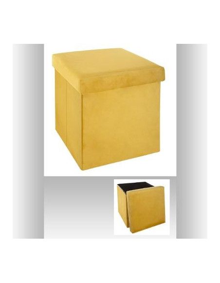 Pouf pliable - L 38 x l 38 x H 38 cm - Velours - Jaune moutarde