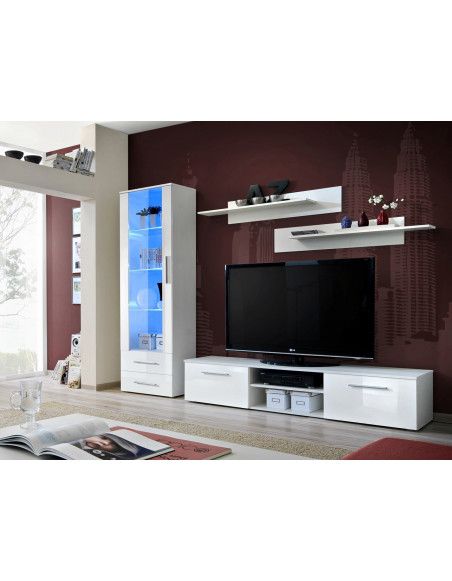 Ensemble mural - Galino A - 1 vitrine blanche LED - 2 étagères blanches - 1 meuble TV blanc
