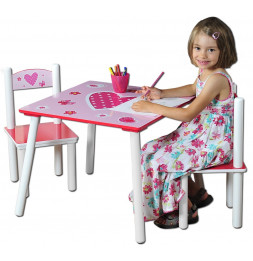 Table et deux chaises pour chambre d'enfants - Ensemble mobilier pour chambre fille - coeurs