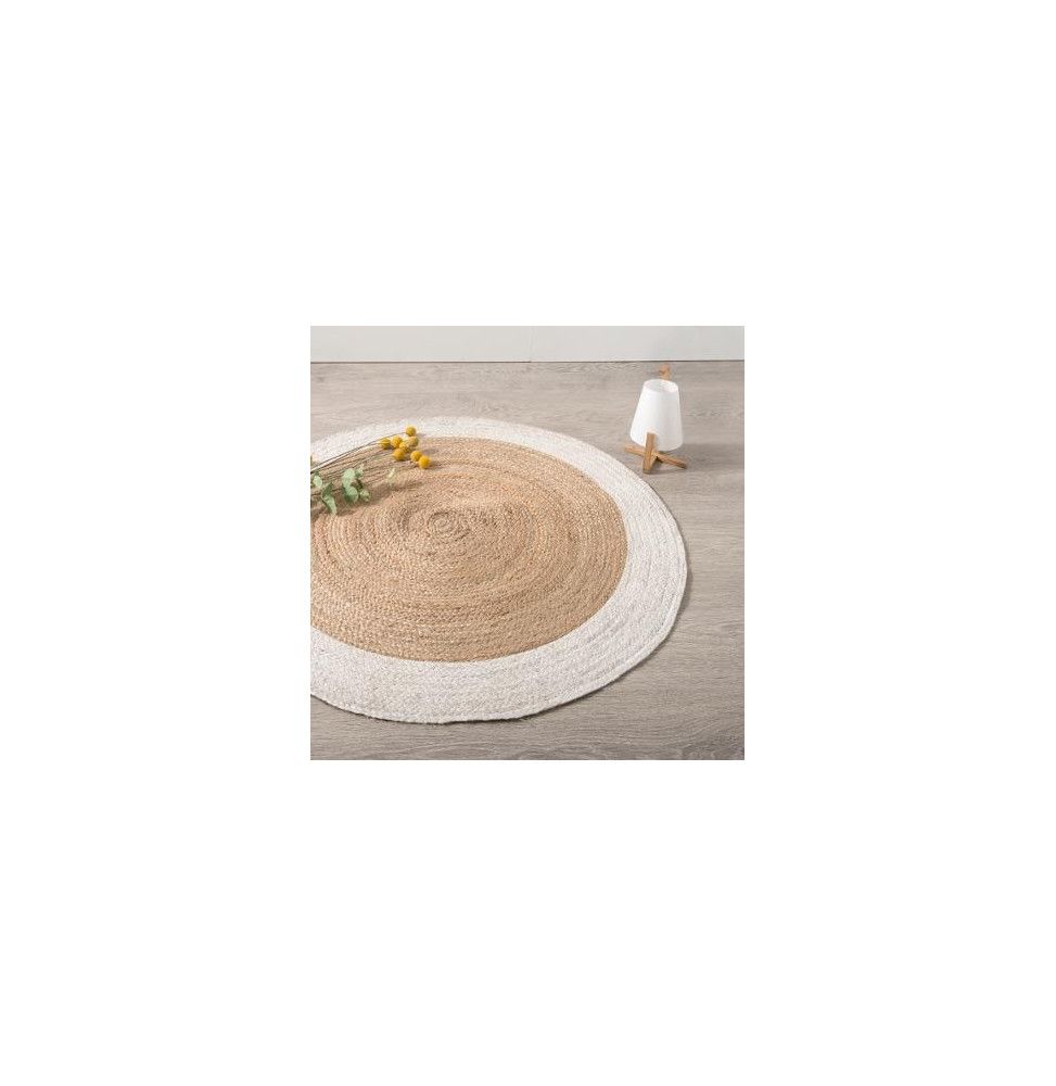 Tapis rond bord blanc en jute végétale - D 120 cm