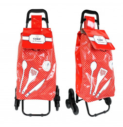 Chariot de course thème cuisine - Chef en cuisine - 6 roues - L 39 cm x H 97 cm - Rouge