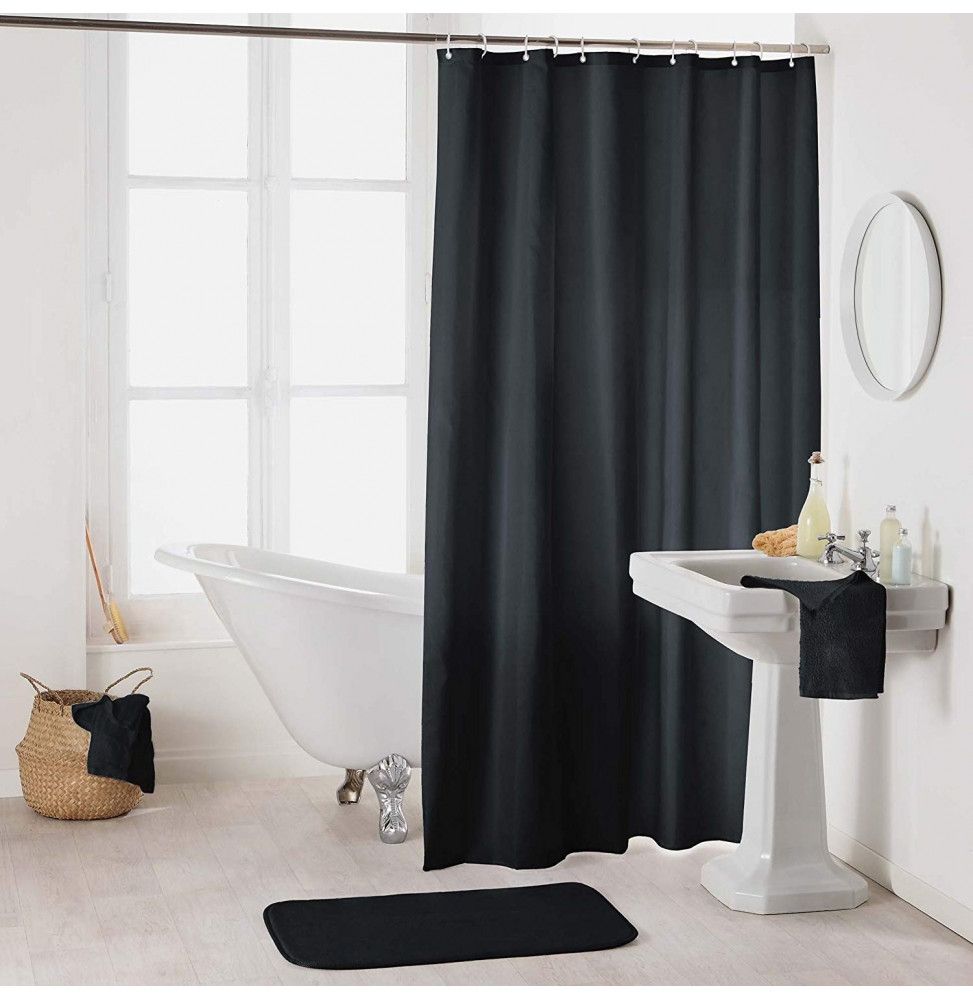 Rideau de douche en polyester uni avec crochets - L 200 x l 180 cm - Noir