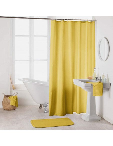 Rideau de douche en polyester uni avec crochets - L 200 x l 180 cm - Jaune