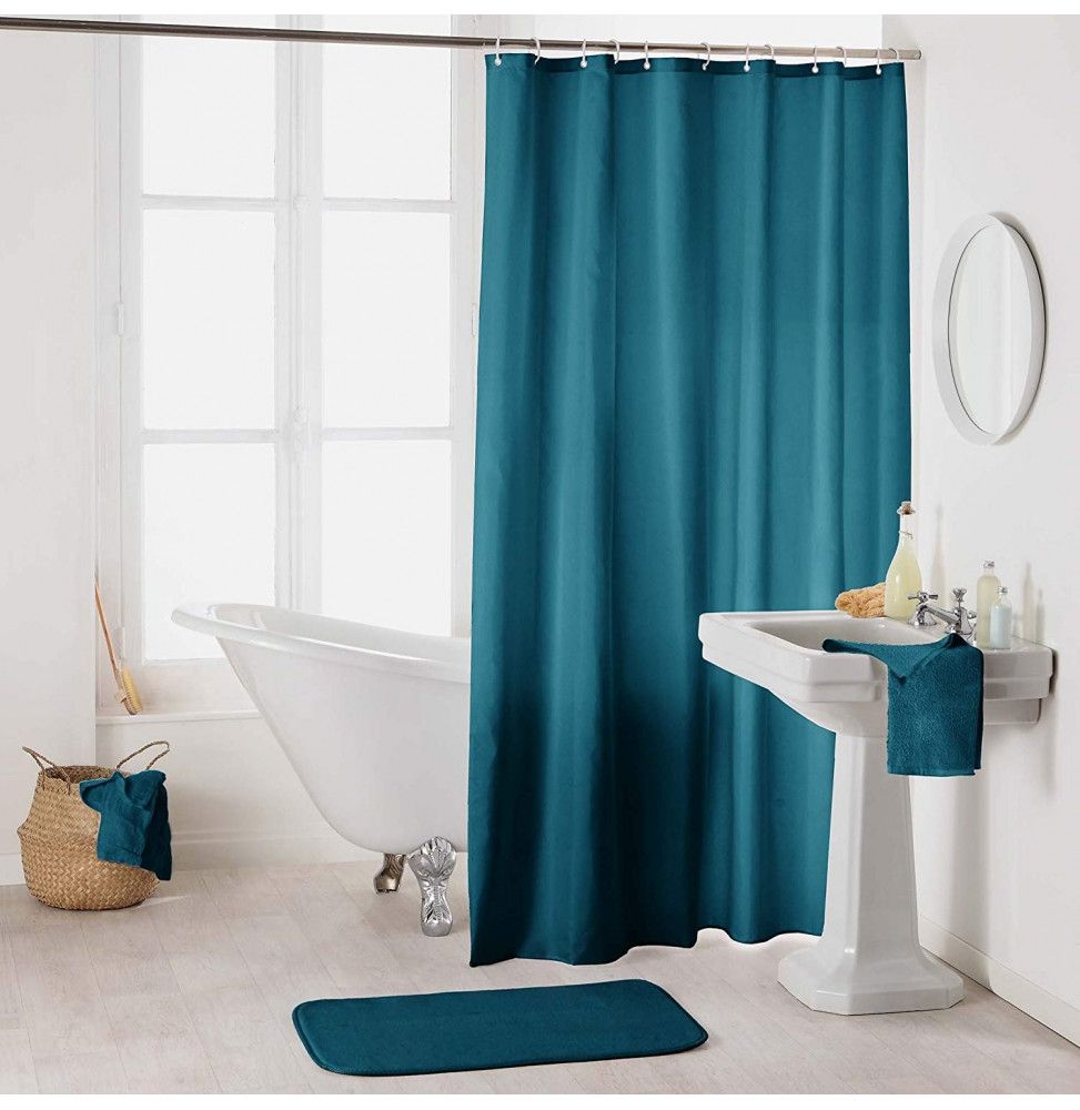 Rideau de douche en polyester uni avec crochets - L 200 x l 180 cm - Bleu pétrole