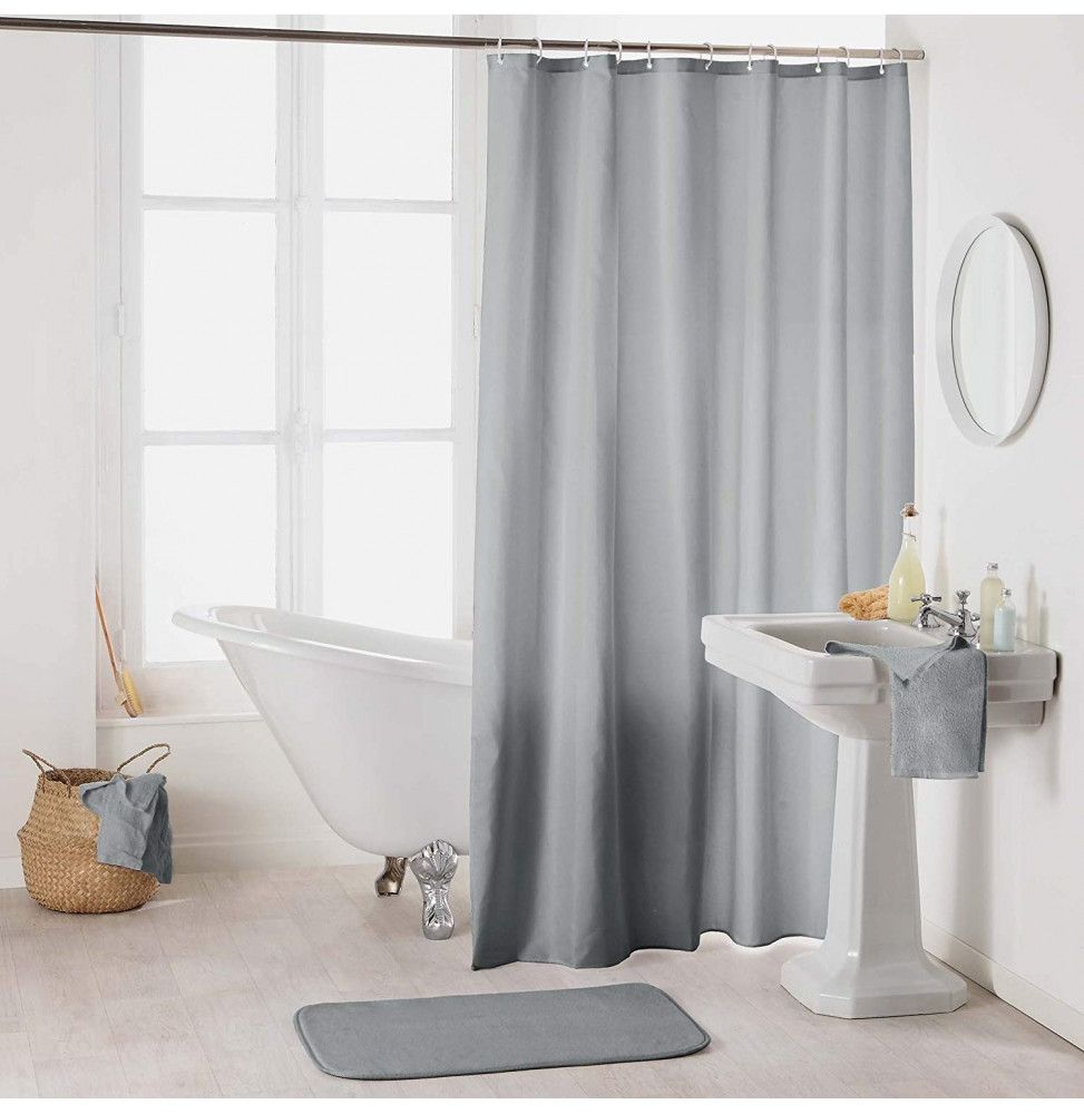 Rideau de douche en polyester uni avec crochets - L 200 x l 180 cm - Gris