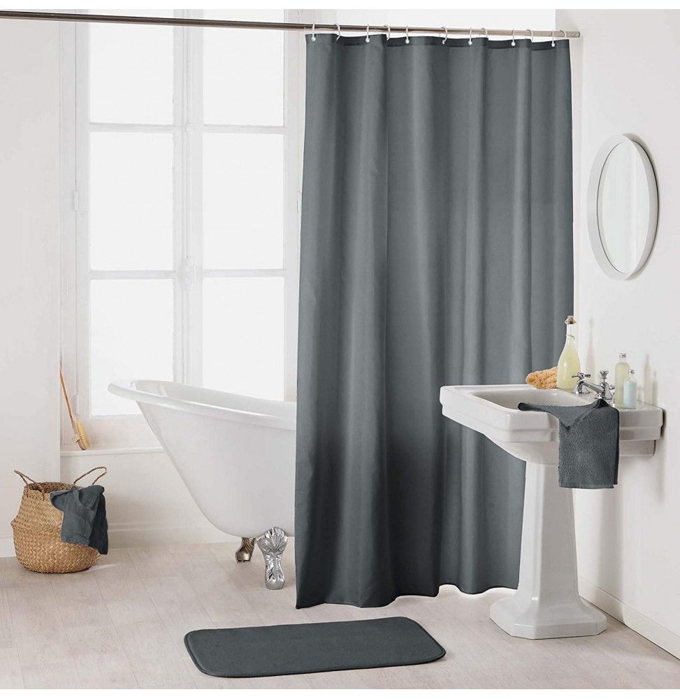 Rideau de douche en polyester uni avec crochets - L 200 x l 180 cm - Gris foncé