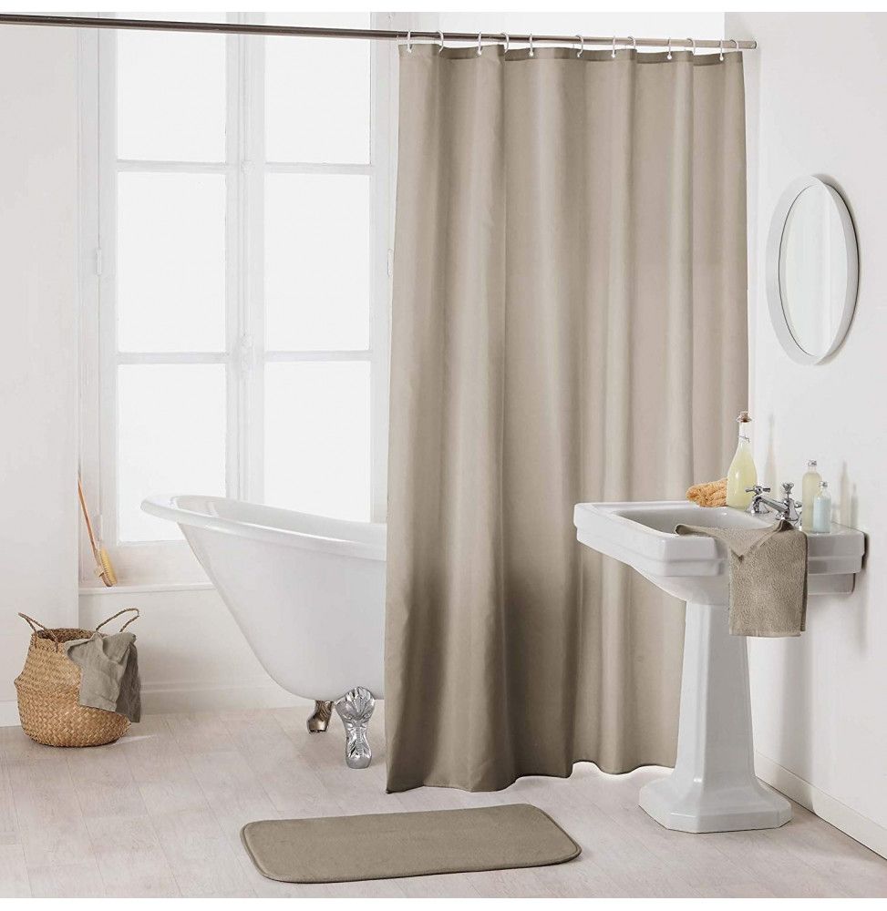 Rideau de douche en polyester uni avec crochets - L 200 x l 180 cm - Taupe