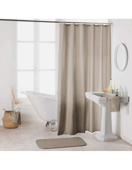 Rideau de douche en polyester uni avec crochets - L 200 x l 180 cm - Taupe