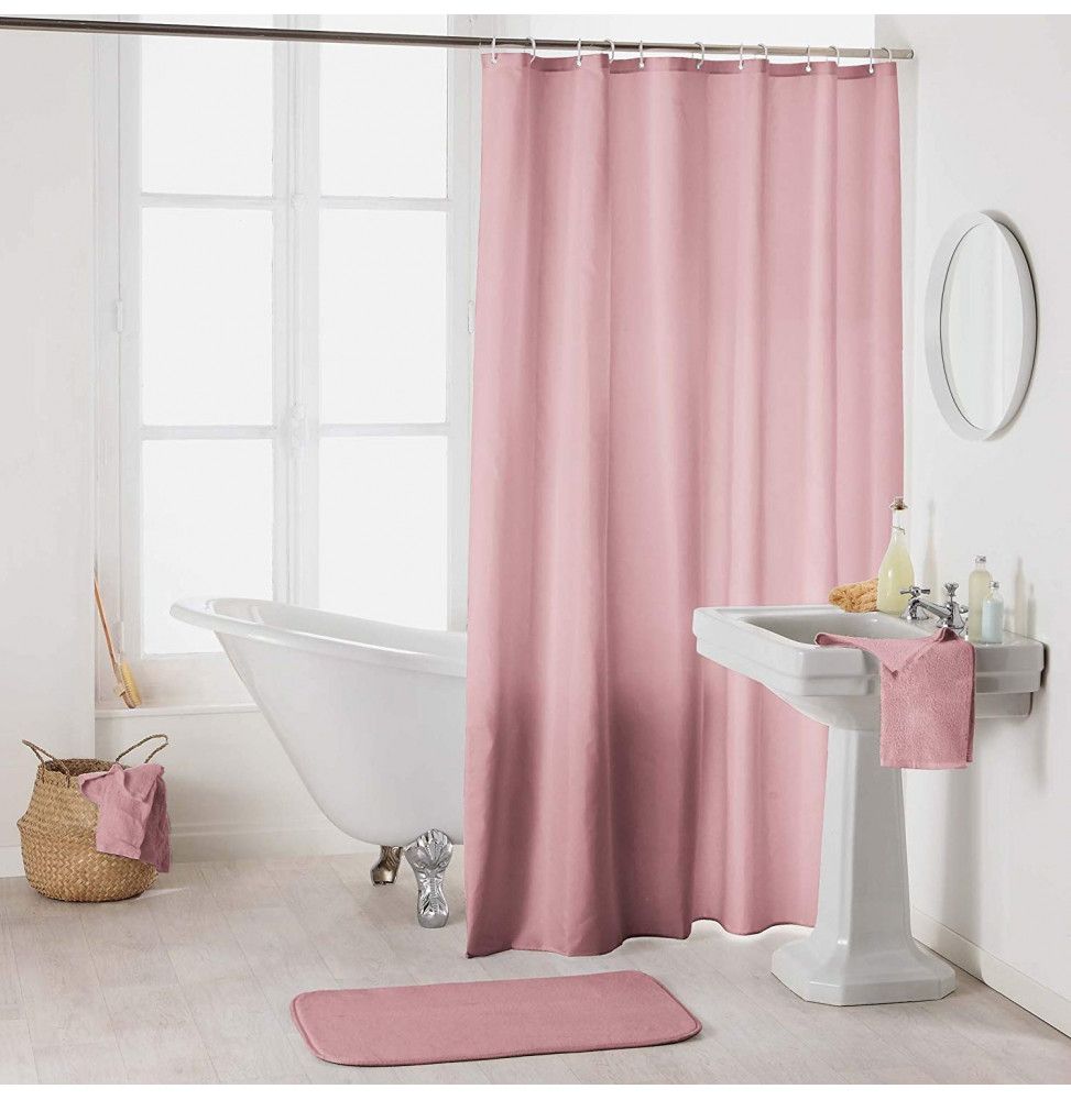 Rideau de douche en polyester uni avec crochets - L 200 x l 180 cm - Rose