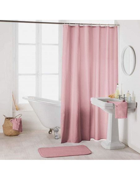 Rideau de douche en polyester uni avec crochets - L 200 x l 180 cm - Rose