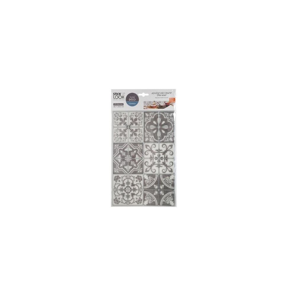 Stickers effet carreaux de ciment - 2 plaques de 6x4 mini carreaux - Fond gris