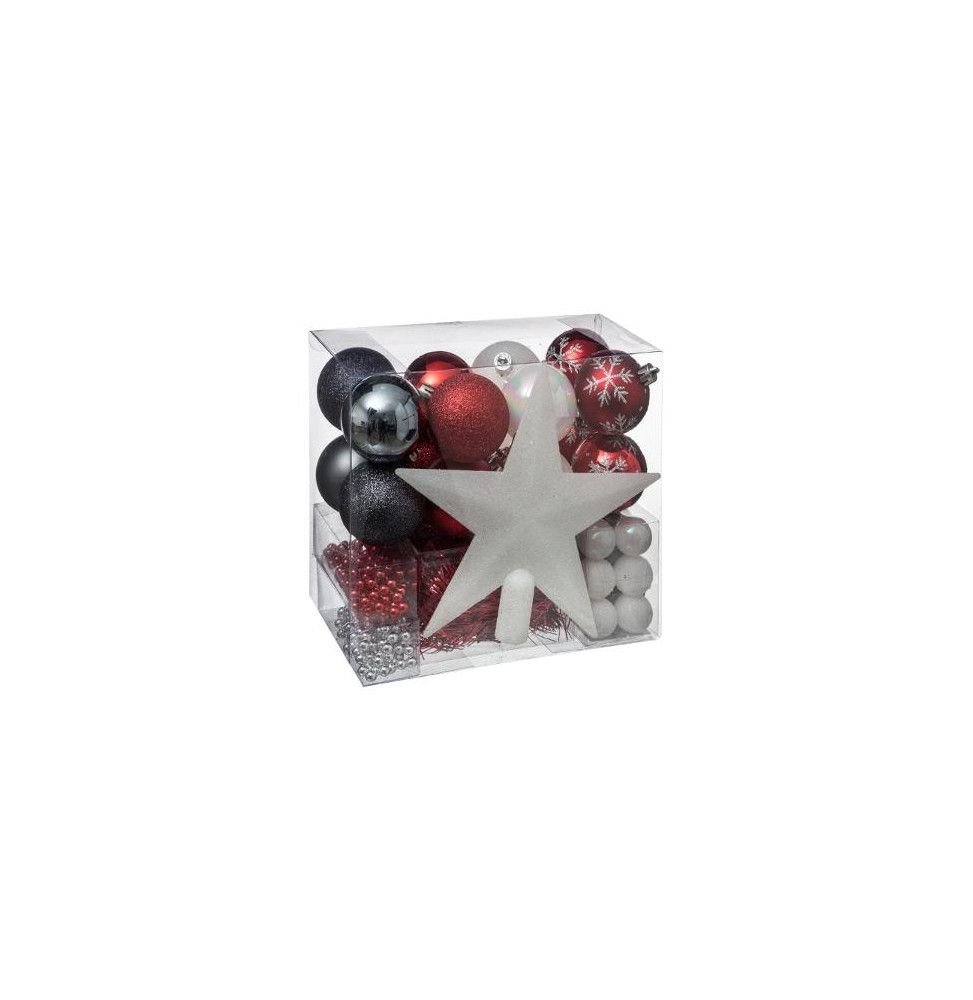 Kit de 44 décorations pour sapin - Rouge et gris - Guirlandes, boules et cimier