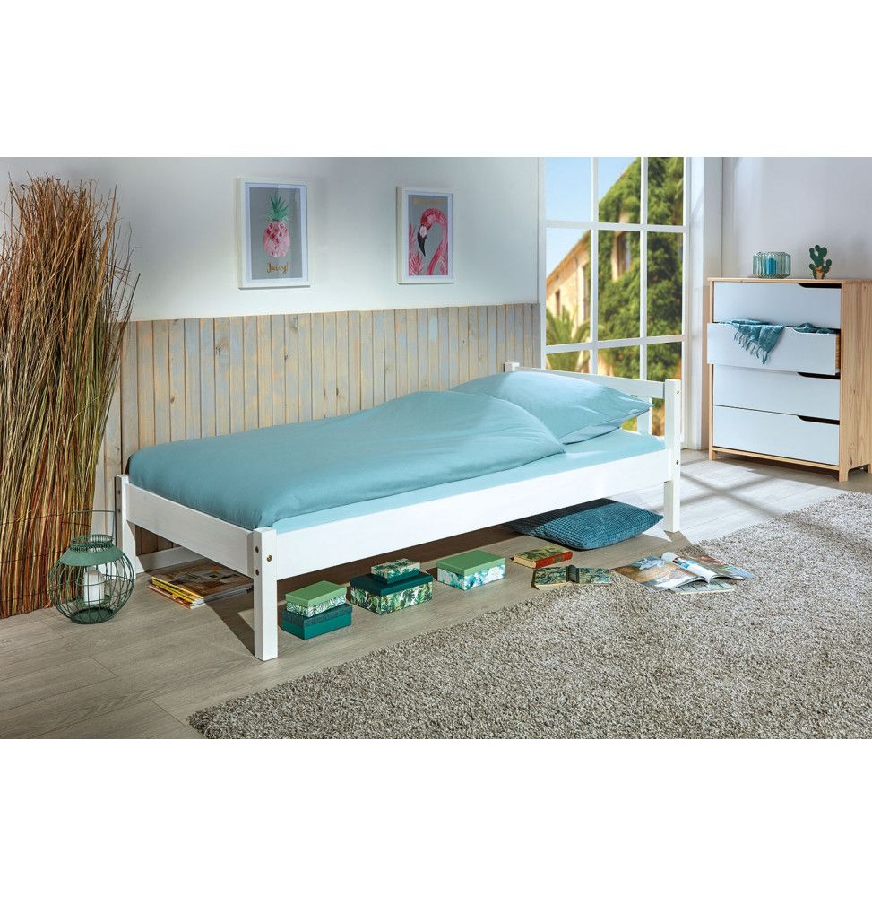 Lit simple Vilmar en pin massif - L 210 x l 98 x H 70 cm - Blanc