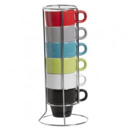 6 tasses Expresso sur rack - 17 x 8.20 cm - Céramique - Multicolore