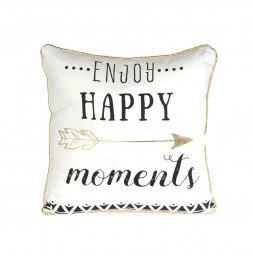 Coussin déhoussable avec citation - 40 x 40 cm - Enjoy happy moments - Blanc