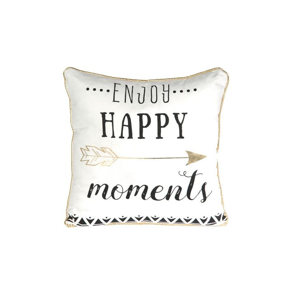 Coussin déhoussable avec citation - 40 x 40 cm - Enjoy happy moments - Blanc