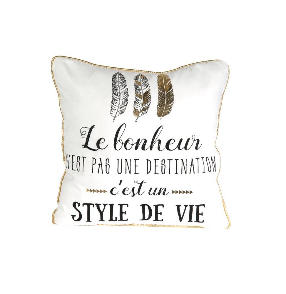 Coussin déhoussable avec citation - 40 x 40 cm - Le bonheur - Blanc