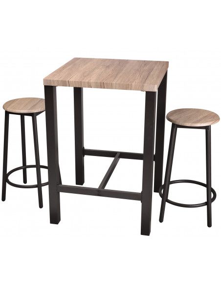 Table de bar et deux tabourets - L 60 x l 60 x H 86 cm - Beige