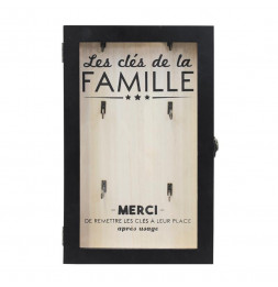 Boîte à clés en bois avec imprimé "Famille"- 6 supports - Noir et Beige