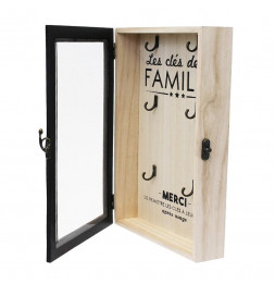 Boîte à clés en bois avec imprimé "Famille"- 6 supports - Noir et Beige