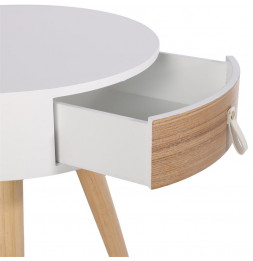 Table de chevet ronde en bois avec tiroir - Nora - D 34,5 x 47 cm - Blanc